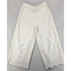 Philosophy Scalloped Eyelet Hem Linen Pants White Wide Leg Crop Women's M NWT